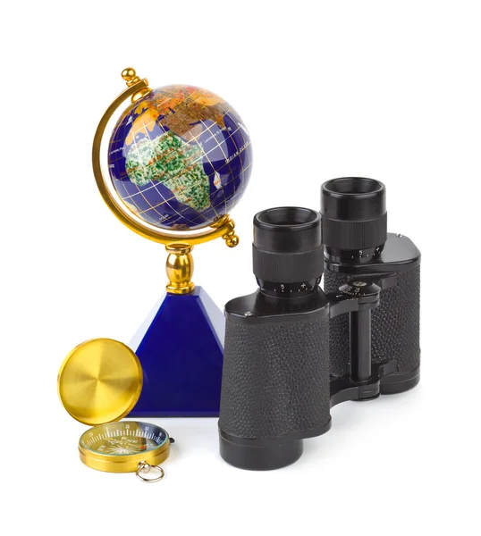 Binoculars, compass and globe — Stock Photo, Image