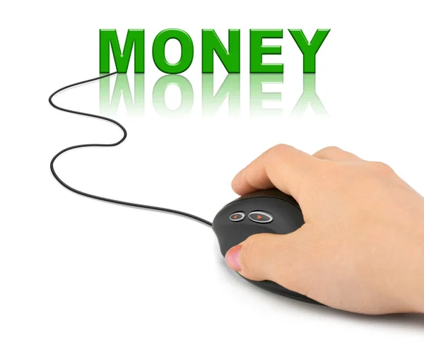 Рука с компьютером мышь и слово деньги — стоковое фото