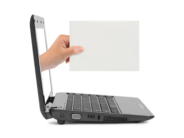 Hand with blank card and notebook — Stock Photo, Image