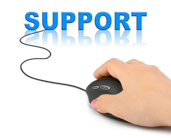 Mano con el ratón de ordenador y la palabra de apoyo — Foto de Stock