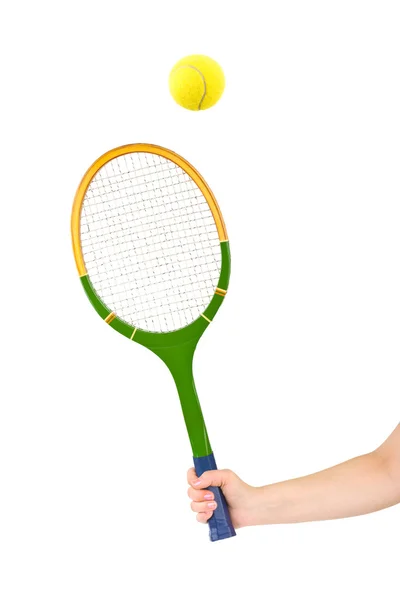 Mano con raqueta de tenis y pelota —  Fotos de Stock