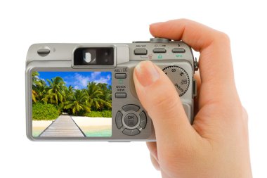 Hand with camera and landscape (my photo) clipart