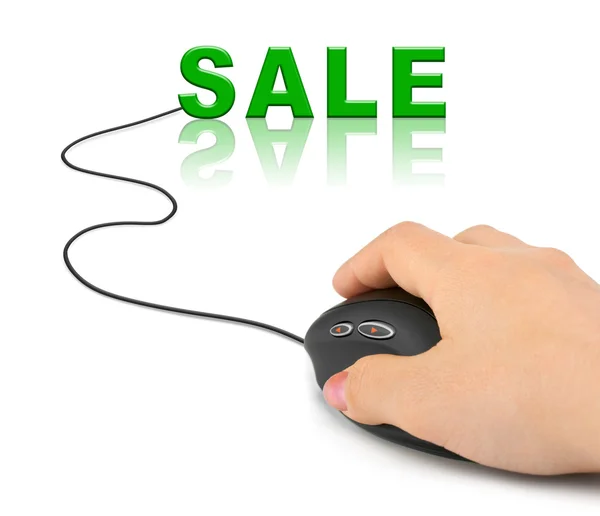 Χέρι με το ποντίκι και λέξη πώληση υπολογιστών — Φωτογραφία Αρχείου