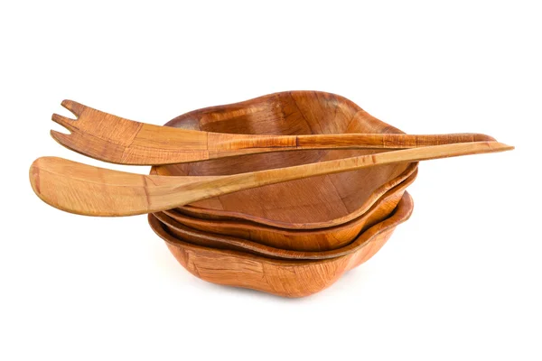 Деревянная тарелка, ложка и вилка — стоковое фото