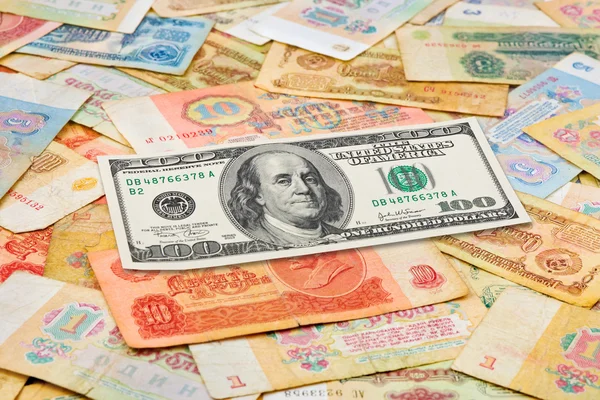 Old soviet russian money and dollar — Stock Photo, Image