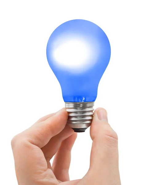 Mão com lâmpada azul — Fotografia de Stock