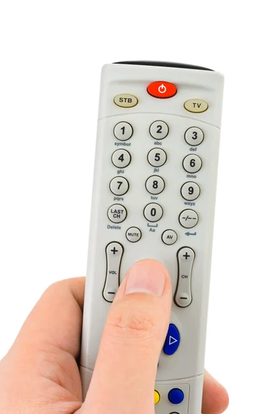 Mão com controle remoto tv — Fotografia de Stock