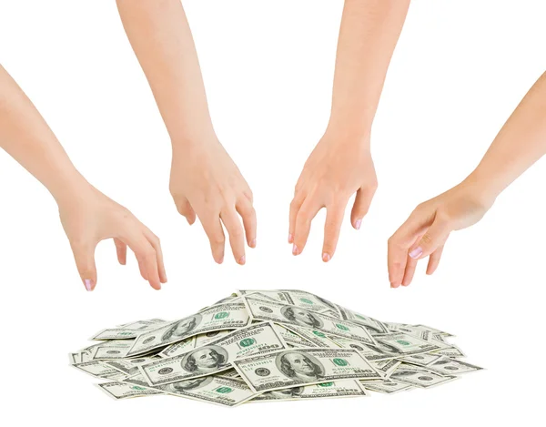 Handen en geld heap — Stockfoto