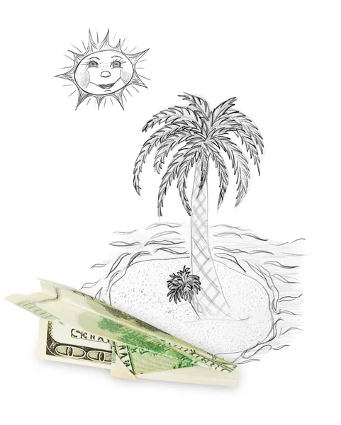 Dinero plano e isla tropical — Foto de Stock