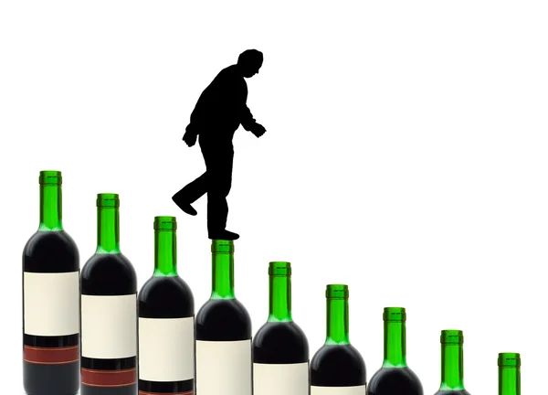 Weinflaschen und alkoholischer Mann — Stockfoto