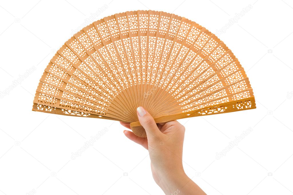 Wood fan in woman hand