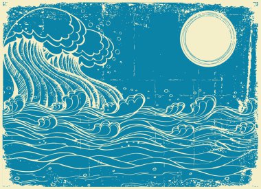 Huge sea waves. Vector grunge illustration of nature clipart