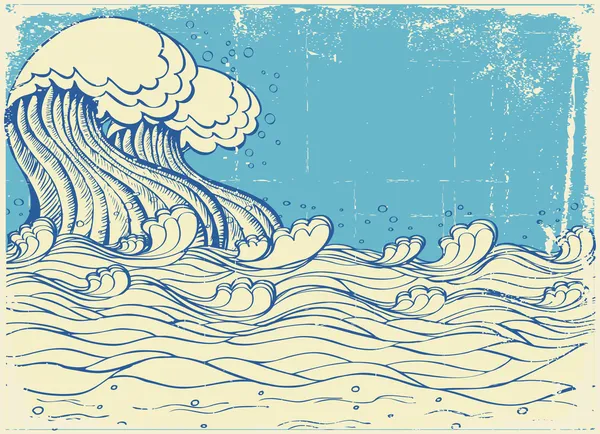 Огромная волна в море. Векторная гранж иллюстрация — стоковый вектор