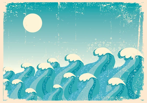 Blue waves.Vector vintage image of Sea background on old paper — Stock Vector
