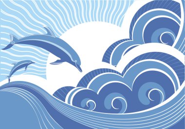 Vector blue dolphins jumping in sea in sun day clipart