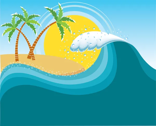 Tropik güneş island.vector su arka yakınında büyük bir dalga — Stok Vektör