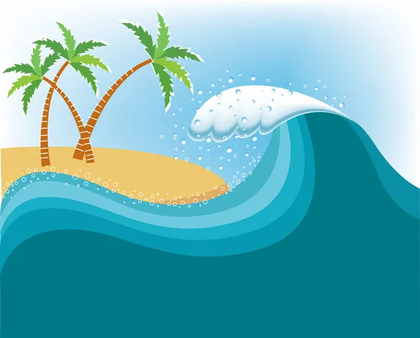 Big wave near tropical island.Vector water background — Stock Vector