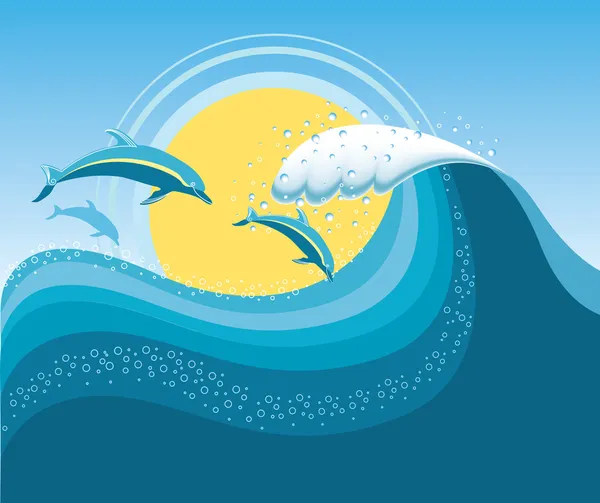 Golfinhos em azul onda do mar.Vector desenhos animados seascape.Mesh —  Vetores de Stock