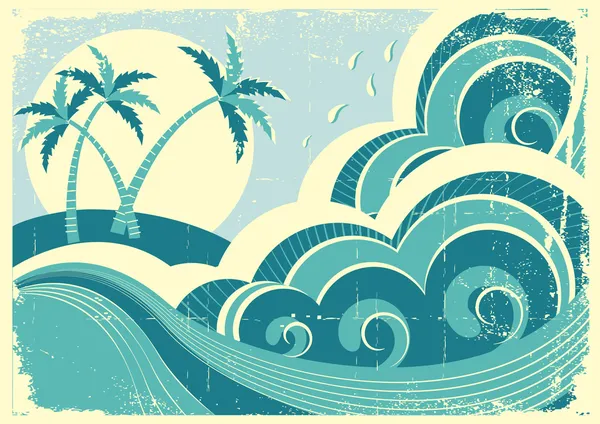 Olas del mar y la isla. Ilustración gráfica vectorial vintage de wat — Vector de stock