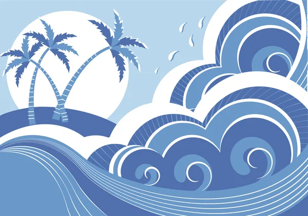 Морские волны и остров. Векторная графическая иллюстрация водного сезона — стоковый вектор