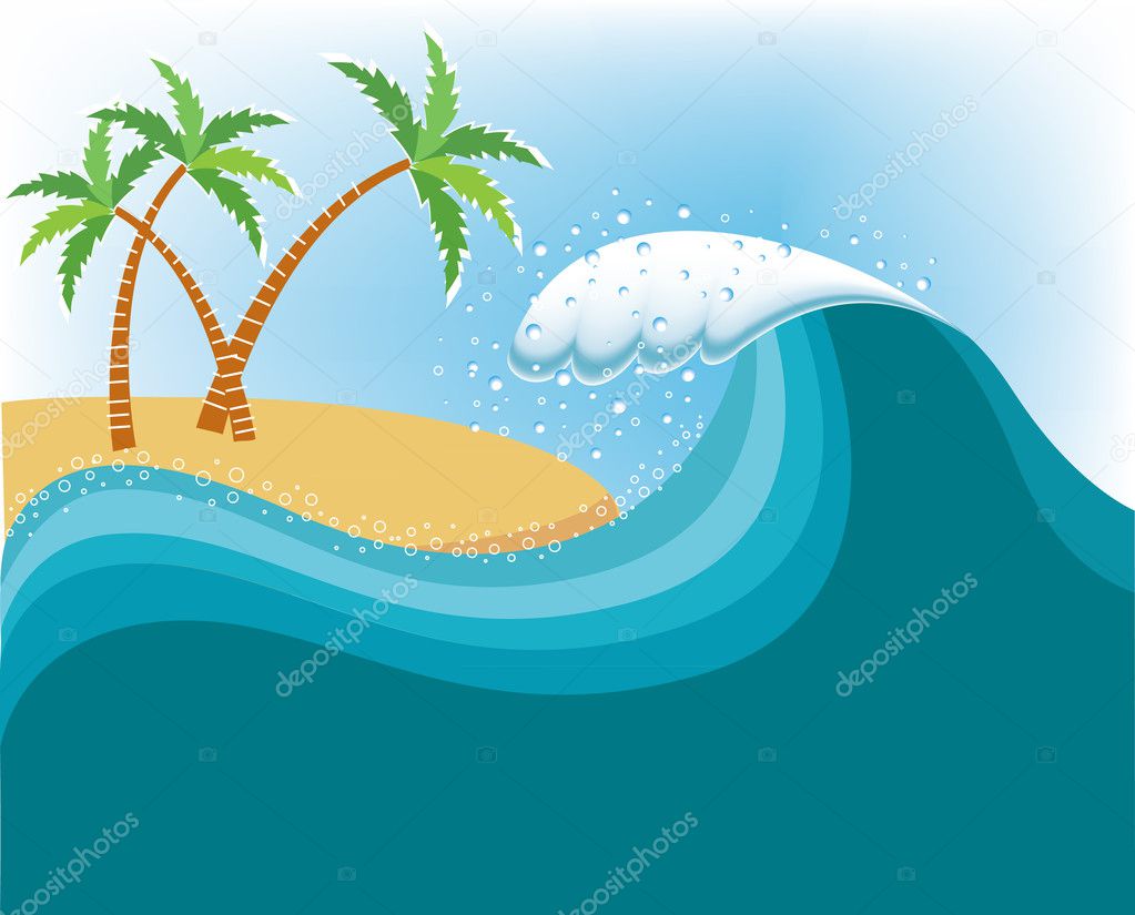 Big wave near tropical island.Vector water background