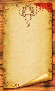 Cowboy old paper background for text with bull skull . clipart