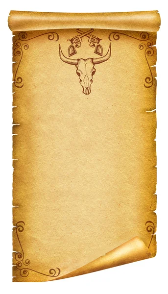 Textura de papel antigo com decoração de crânio de vaca e armas de texto — Fotografia de Stock