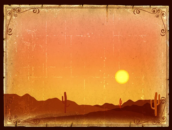 Захід сонця пустелі з кактус в sunset на старий урожай папери backgro — стокове фото