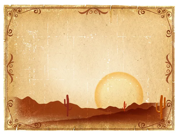 Desert Sunset with Cactus in sunset on old vintage paper backgro — Stock Photo, Image