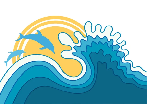 Delfini in onda blu del mare.Cartoni animati vettoriali paesaggio marino — Vettoriale Stock