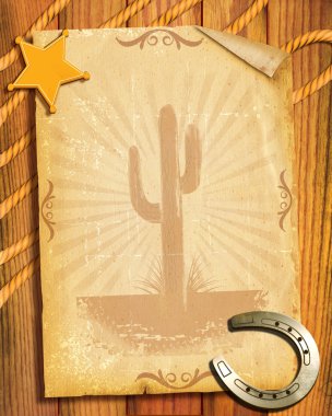 Cowboy style.Old paper background with sheriff star and horsesho clipart