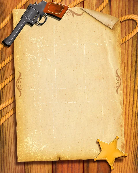 Cowboy oud papier achtergrond met pistool en sheriff ster — Stockfoto