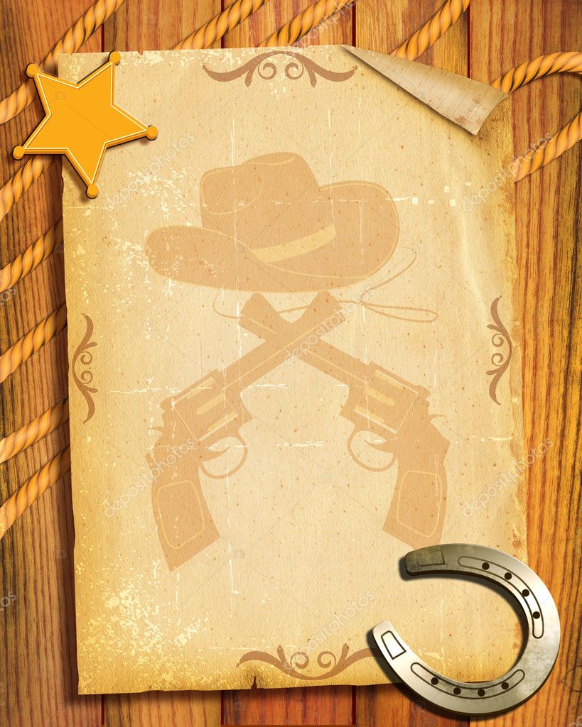 Cowboy style.Old paper background with sheriff star and horsesho ...