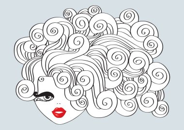 Nice girl with curly hair and red mouth.Vector Illustration clipart