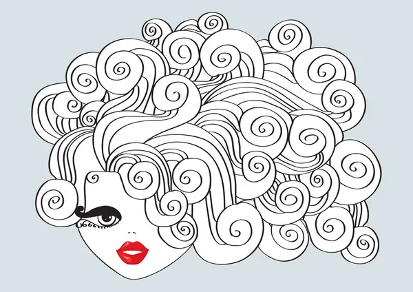 Nice girl with curly hair and red mouth.Vector Illustration — Stock Vector