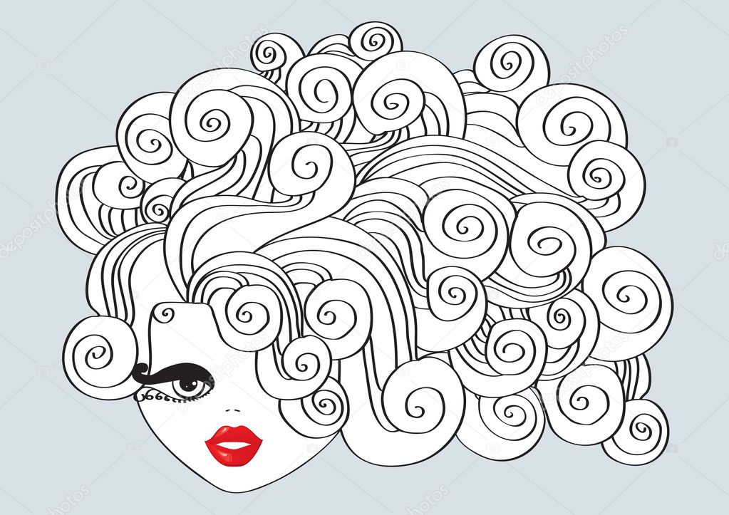 Nice girl with curly hair and red mouth.Vector Illustration
