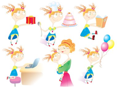 Babby's life.Cartoon girl in different situations. clipart