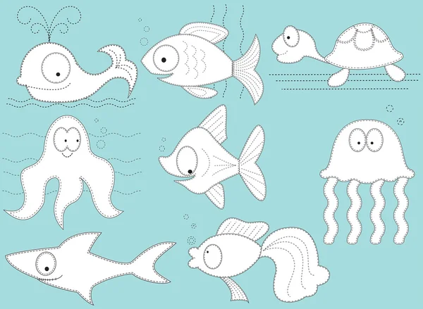 Aplique tela con dibujos animados animales acuáticos.Vector peces — Vector de stock