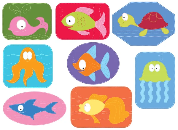 Applique fabric with cartoons water animals.Vector fishes on whi — Stock Vector