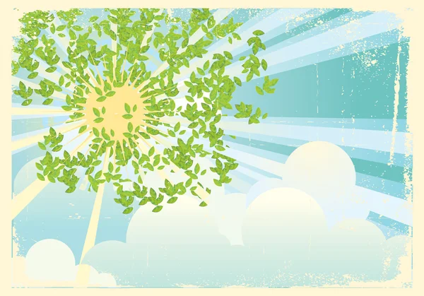 Sun rays in green leaves.Vintage — Stock Vector