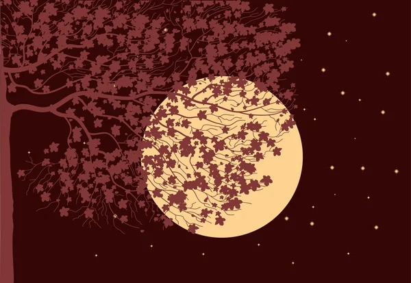 Дерево в місячну ніч з яскравими зірками — стоковий вектор