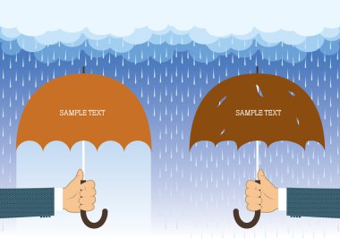 Hands holding umbrellas under big rain.Vector background for tex clipart