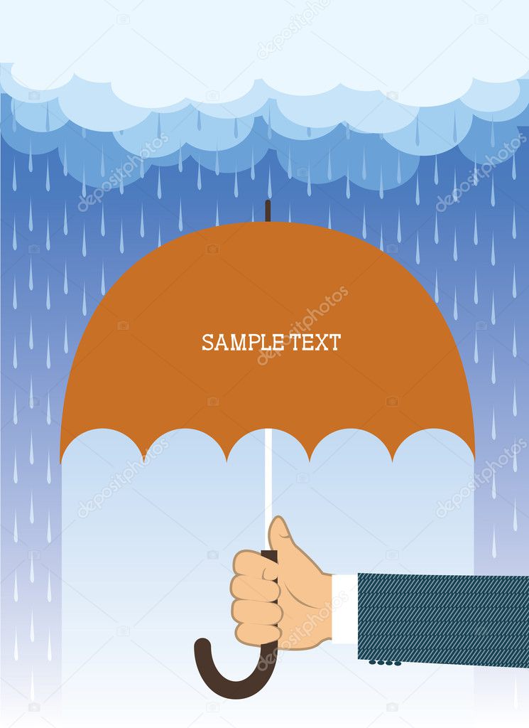 Hand holding umbrella under big rain.Vector background for text