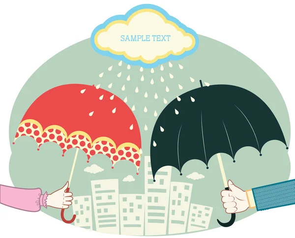 Mãos segurando guarda-chuvas em dia chuveiro.Vector retro imagens coloridas — Vetor de Stock
