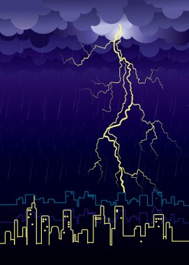 Lightning strikes and rain in big city.Night image clipart