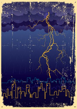 Lightning strikes and rain in big city.Vintage clipart