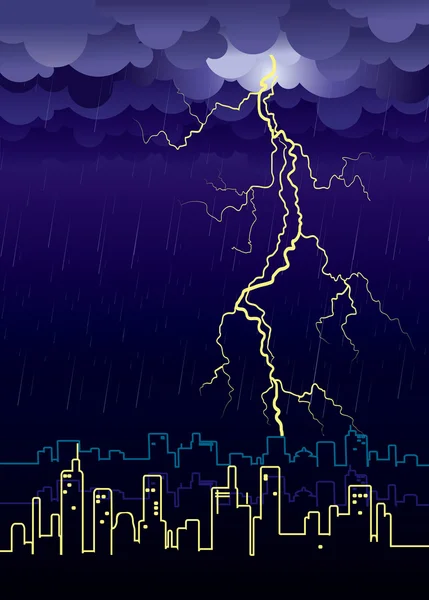 Lightning strikes en regen in grote city.night afbeelding — Stockvector