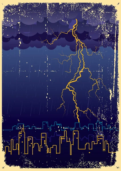Lightning strikes and rain in big city.Vintage — Stock Vector