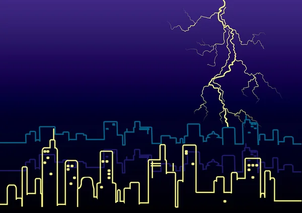 Lightning strikes and rain in big city. — Stock Vector