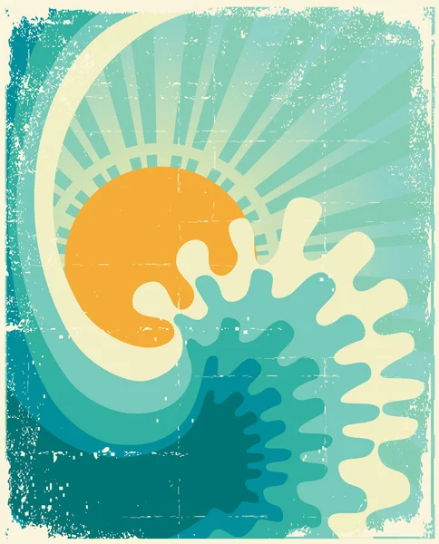 Wave in ocean.Water nature background with sun.Vintage — Stock Vector